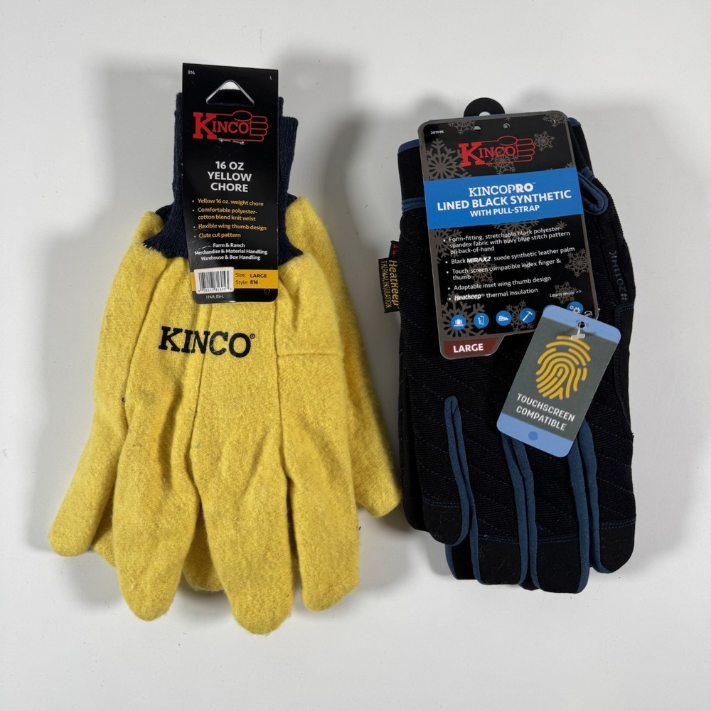 KINCO‎ Lot of 2 Yellow Chore & KincoPro Lined Black Synthetic Gloves Large